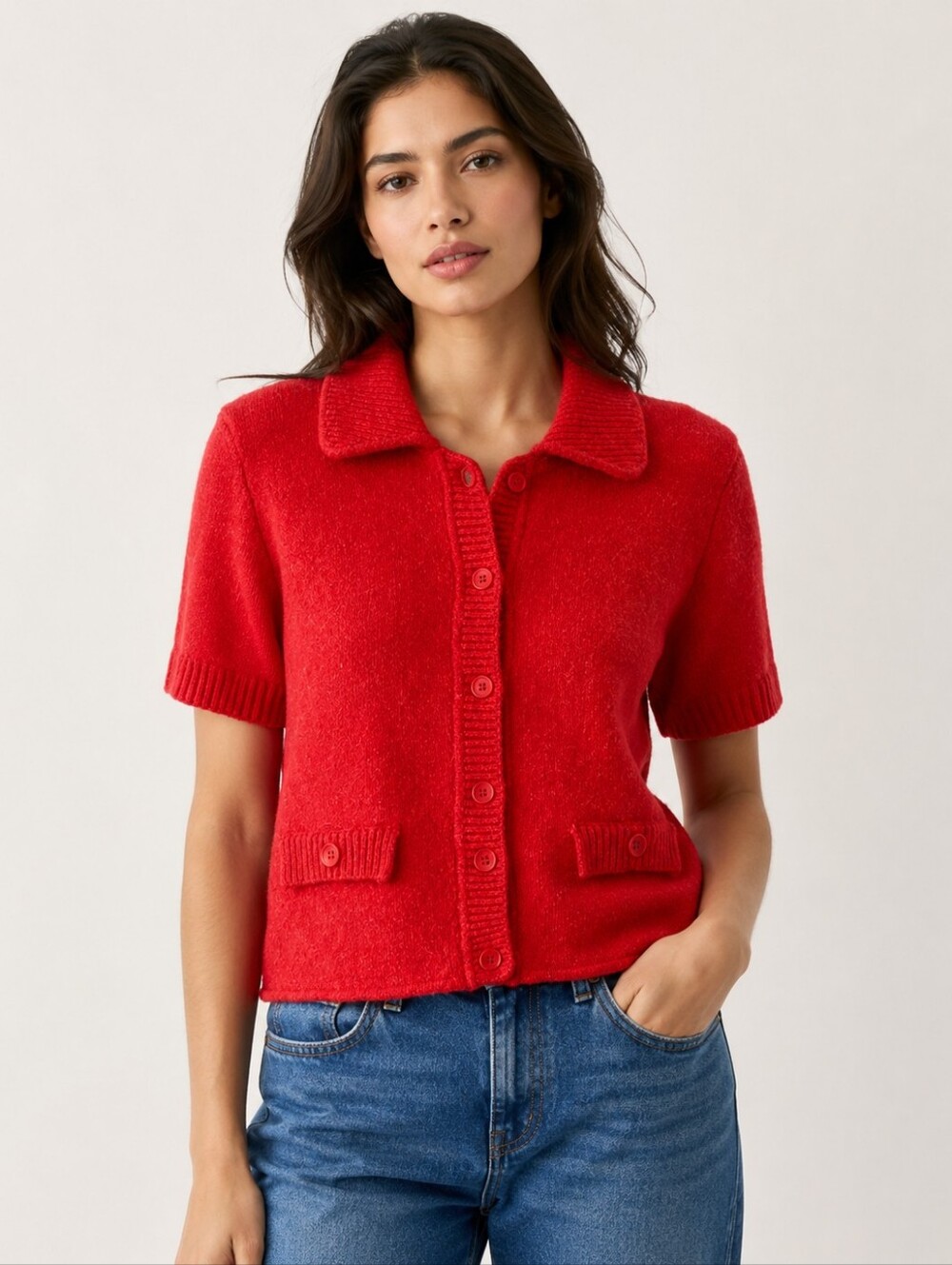 H&M Bright Red Short-Sleeve Knit Button Cardigan